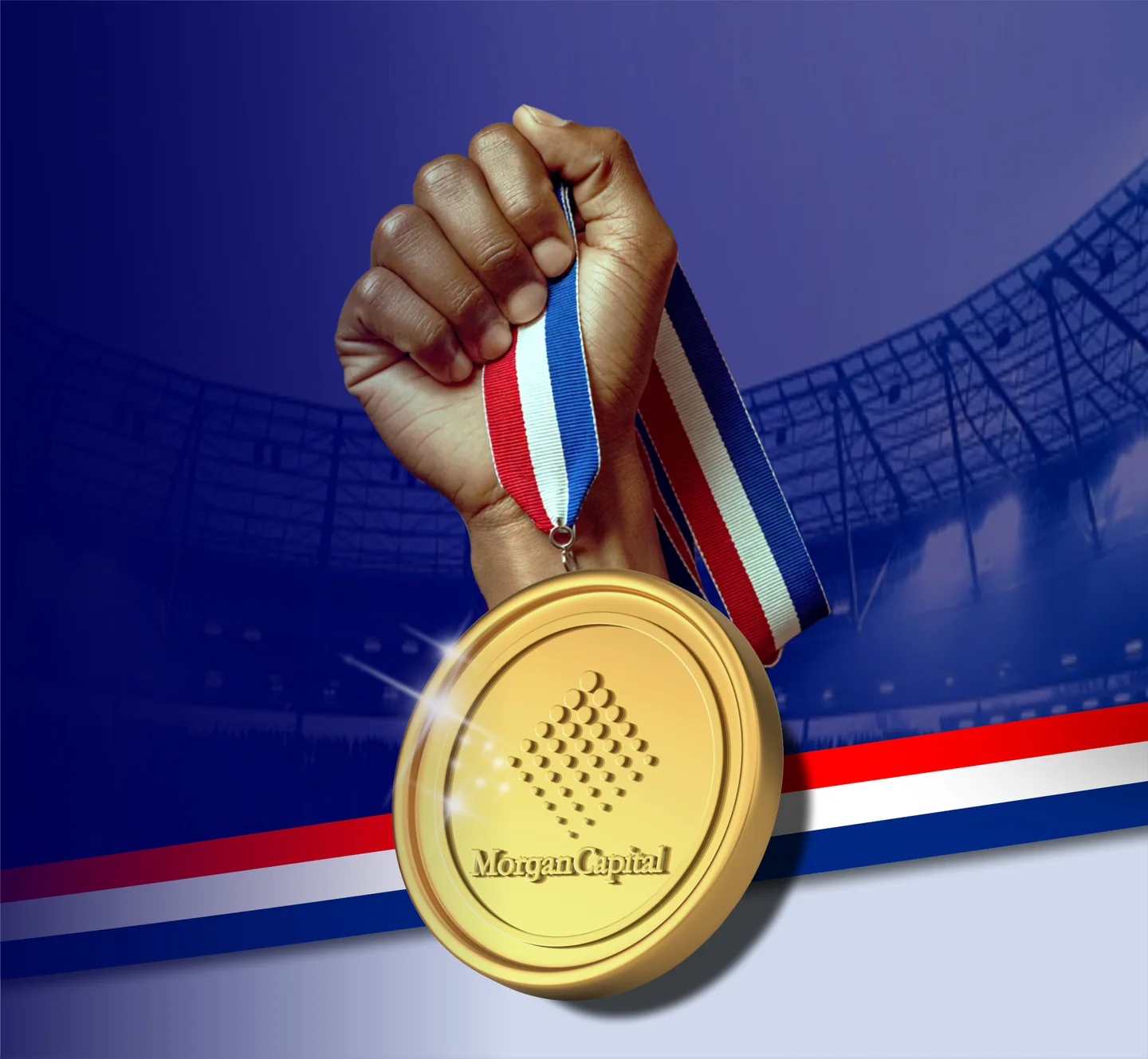 A hand raising a MorganCapital gold medal