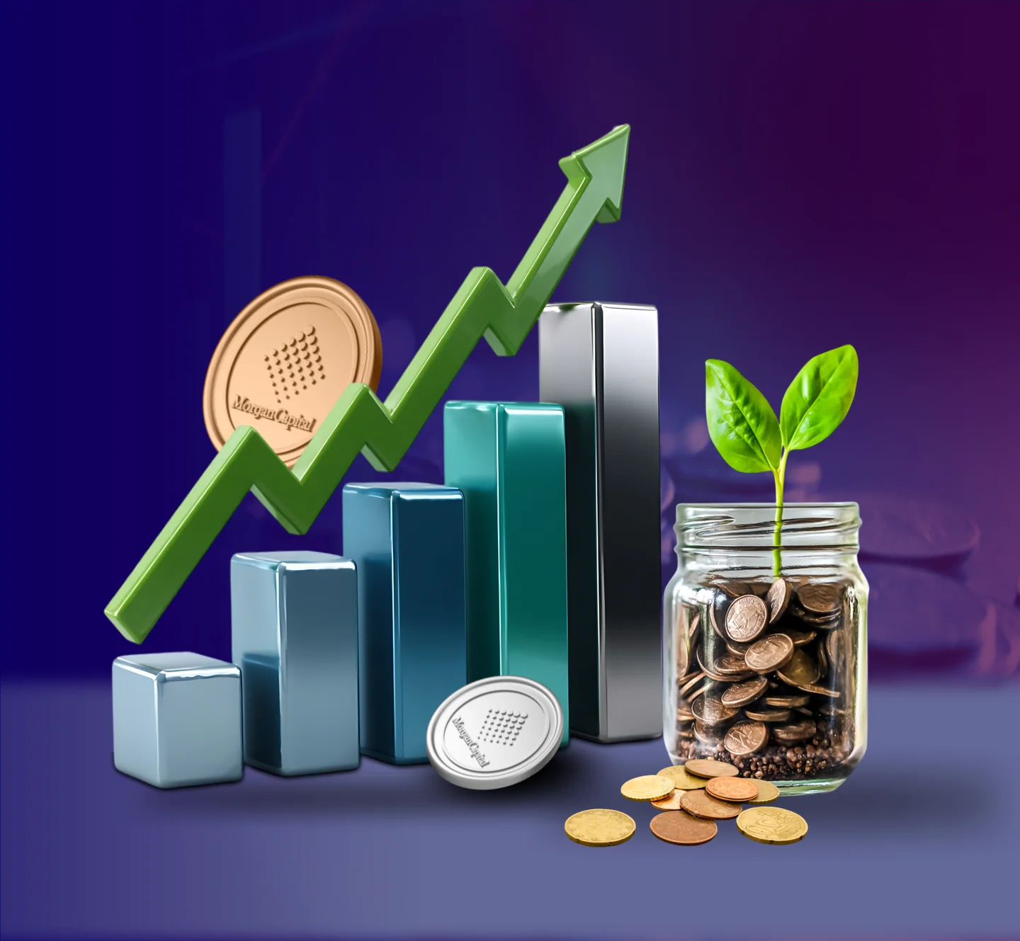 A rising chart with MorganCapital coins and a jar of savings